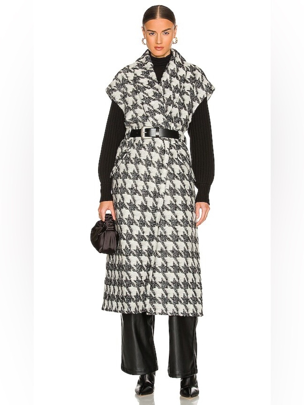 cinq à sept Black and White Houndstooth Belted Coat Melissa S